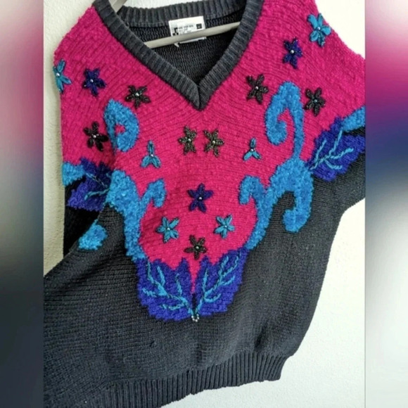 Vintage 80s Acrylic Pullover Sweater- Black Magenta Blue-Embellished Beaded Knit - Picture 1 of 12